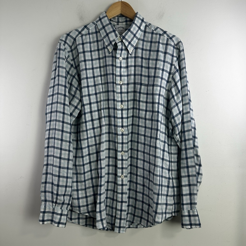 Brooks Brothers Shirt Mens Large Blue Plaid 100% Linen Regent Fit Button Down